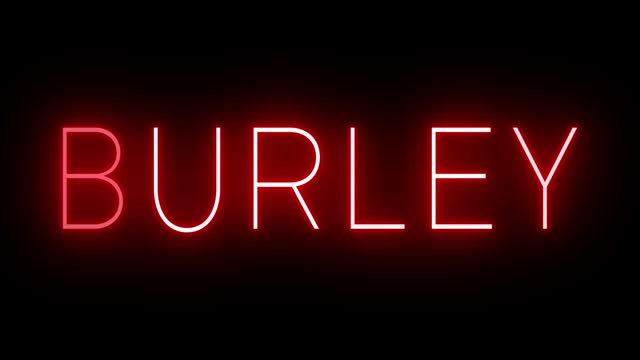 Glowing and blinking red retro neon sign for BURLEY