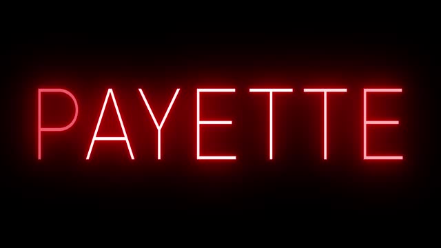 Glowing and blinking red retro neon sign for PAYETTE