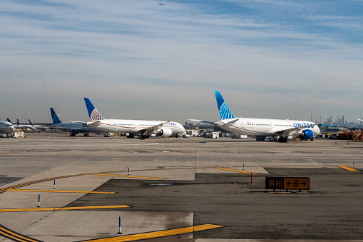 March 1, 2023 - Newark, New Jersey, USA - Two United Airlines 787 Dreamliners parked outside Terminal C at Newark Liberty International Airport