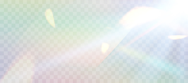 Blurred rainbow refraction overlay effect. Light lens prism effect on transparent background. Holographic reflection, crystal flare leak shadow overlay. Vector abstract illustration.