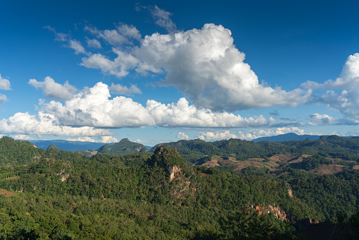 Beautiful mountain landscape view in sunny day at Ban Jabo village, Mae Hong Son, Thailand.