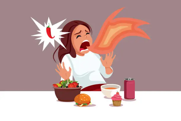 Vector illustration of Screaming Woman in Pain Consuming Spicy Foods Vector Illustration