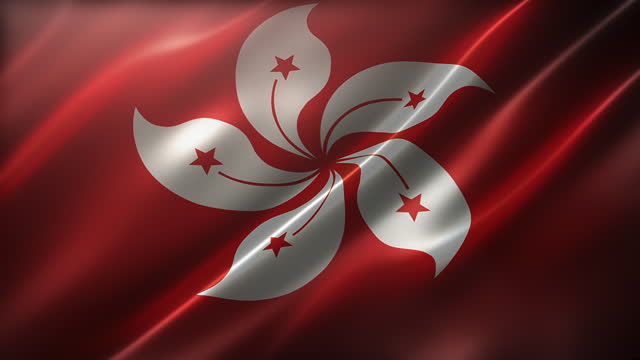 Flag of Hong Kong, high-angle, perspective view, waving in the wind, realistic with a cinematic look and feel, and elegant silky texture. Realistic CG animation seamless loop-able.