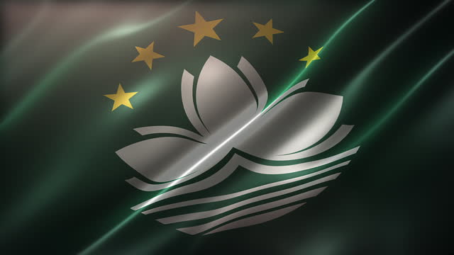 Flag of Macau, high-angle, perspective view, waving in the wind, with a cinematic look and feel, and elegant silky texture. Realistic CG animation seamless loop-able.