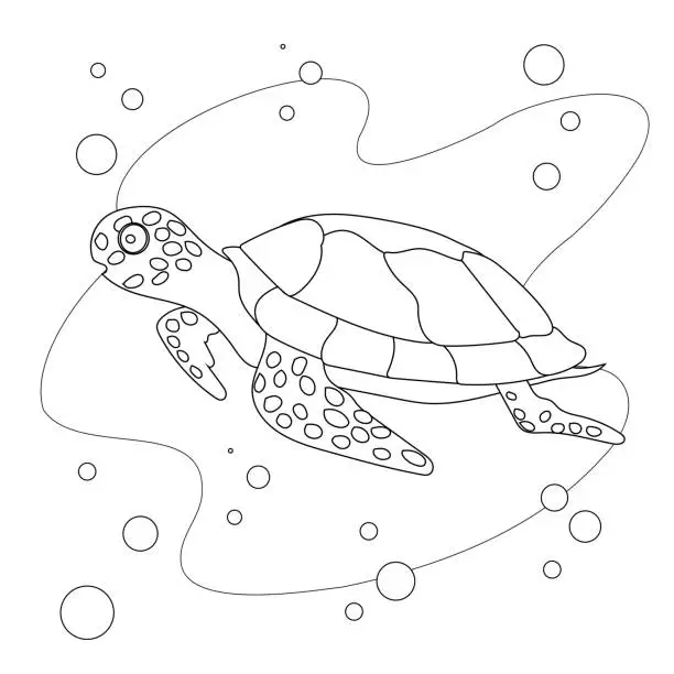 Vector illustration of Turtle black line vector doodle illustration. Cute cartoon sea turtle underwater.