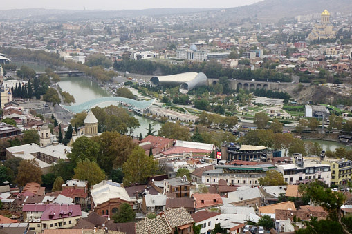 November 6, 2023, Tbilisi, Georgia, trendy symbol landmark, beautiful transformed green Peace Bridge