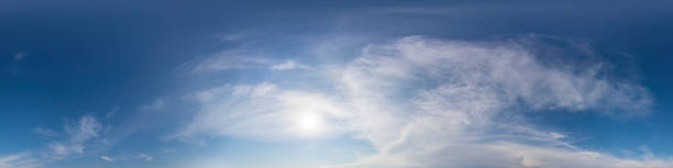 istock Blue sky panorama with Cirrus clouds. Seamless hdr 360 degree pano in spherical equirectangular format. Sky dome or zenith for 3D visualization, game and sky replacement for aerial drone 360 panoramas 1951585619