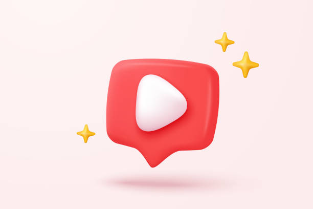 3d social media play video in background. red round play button for start multimedia with colorful concept of video, audio playback. 3d media player button icon rendering vector illustration - record television broadcasting circle three dimensional shape点のイラスト素材／クリップアート素材／マンガ素材／アイコン素材