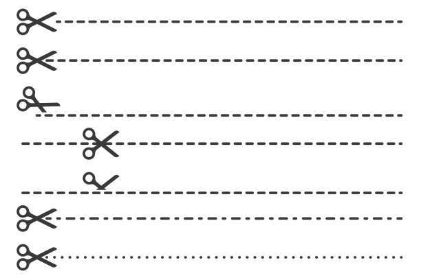 bildbanksillustrationer, clip art samt tecknat material och ikoner med cut here line with scissor. vector icon for coupons and paper vouchers. crop mark dotted and dashed border. - prickad linje