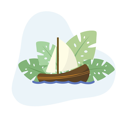 Sail ship flat vector Illustration icon decorated with leaves for web use for sail, ship, sailboat, ocean, travel, boat, float