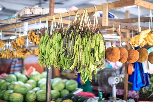 This is a horizontal, color, royalty free stock photograph of pejibaye fruit hanging on display at a rural market stall in Costa Rica. The tropical fruit, also known as the peach palm, is for sale in a variety of color at a small business. Depth of field is shallow. Photographed with a Nikon D800 DSLR camera.