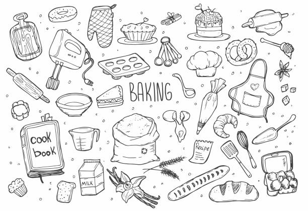 Baking doodles set. Bakery, confectionery and pastry stuff, tools, utensils, equipment and cooking ingredients. Freehand vector drawings isolated on white background Baking doodles set. Bakery, confectionery and pastry stuff, tools, utensils, equipment and cooking ingredients. Freehand vector drawings isolated mixing ingredients stock illustrations