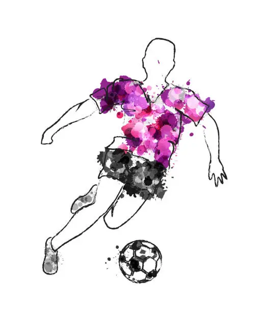 Vector illustration of Soccer player in action, kicking ball for winning goal. Football game vector illustration with purple paint splashes and linear silhouettes.