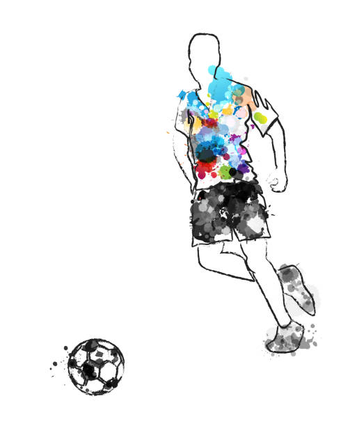 istock Soccer player in action, kicking ball for winning goal. Abstract vector illustration from rainbow paint splashes and black silhouettes. 1951654917