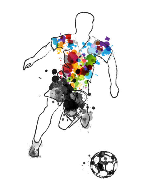 istock Soccer player in action, kicking ball for winning goal. Abstract vector illustration from rainbow paint splashes and black silhouettes. 1951655957