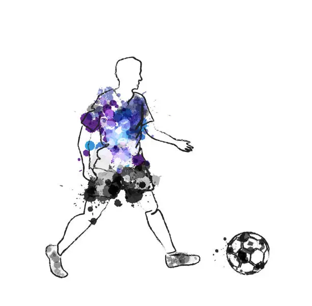 Vector illustration of Soccer player in action, kicking ball for winning goal. Football game vector illustration with violet paint splashes and linear silhouettes.