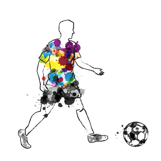 istock Soccer player in action, kicking ball for winning goal. Abstract vector illustration from rainbow paint splashes and black silhouettes. 1951658578