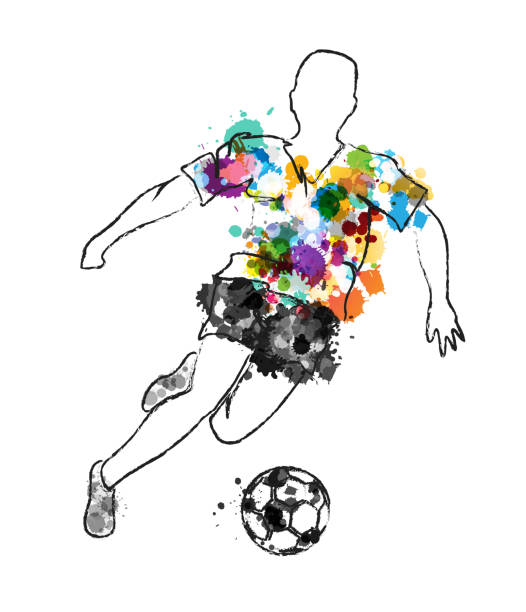 istock Soccer player in action, kicking ball for winning goal. Abstract vector illustration from rainbow paint splashes and black silhouettes. 1951659603