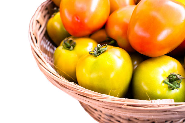 Group of fresh tomato in basket that selling at vegetable local market, object close-up with selective focus.
