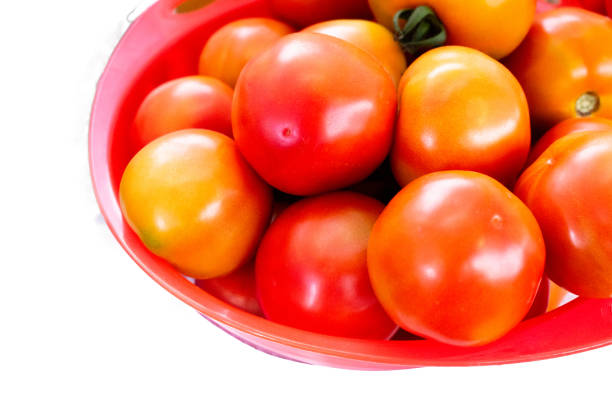 Fresh tomatoes on a bowl,closeup shot with isolated background.