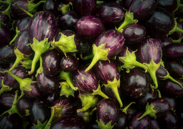 istock Purple eggplants on a market stall, close-up 1951670932