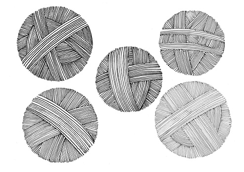 Set of balls of threads for knitting or embroidery with black outline. Isolated on white background. Lines of different thickness. Each circle is filled with intersecting lines in different directions