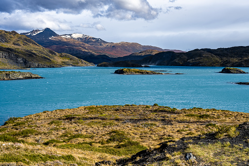 A scenic view of a lagoon in mountains in Calafate, Patagonia, Argentina