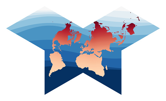 World Map Vector. Gnomonic butterfly projection. World in red orange gradient on deep blue ocean waves. Powerful vector illustration.