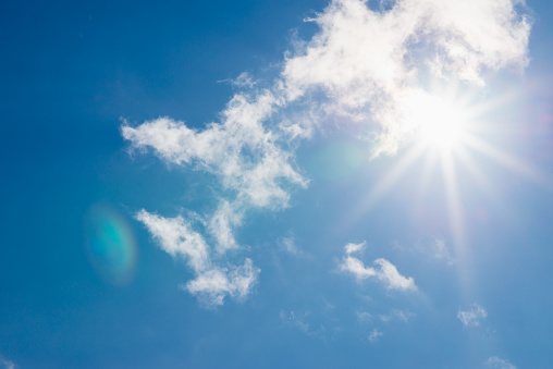 Shining sun through the clouds blue sky,cloud.Solar lens flare. copy space.Natural lens flare.Sunrays of bright sun on summer day.