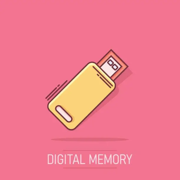 Vector illustration of Usb drive icon in comic style. Flash disk vector cartoon illustration on isolated background. Digital memory splash effect business concept.