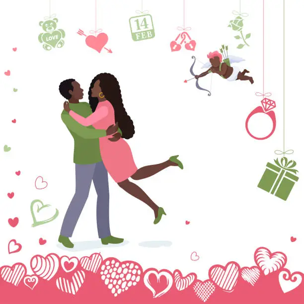 Vector illustration of Valentine's Day design featuring African American lovers, Cupid, specific icons, and a background adorned with hearts.