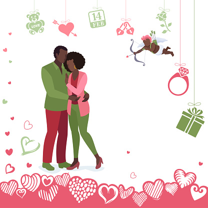 An enchanting Valentine's Day design portraying African American lovers, Cupid, distinctive icons, and a background adorned with hearts, celebrating love and diversity in every hue.