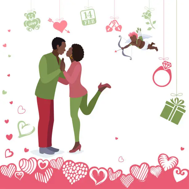 Vector illustration of Valentine's Day design featuring African American lovers, Cupid, specific icons, and a background adorned with hearts.