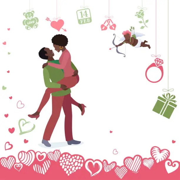 Vector illustration of Valentine's Day design featuring African American lovers, Cupid, specific icons, and a background adorned with hearts.