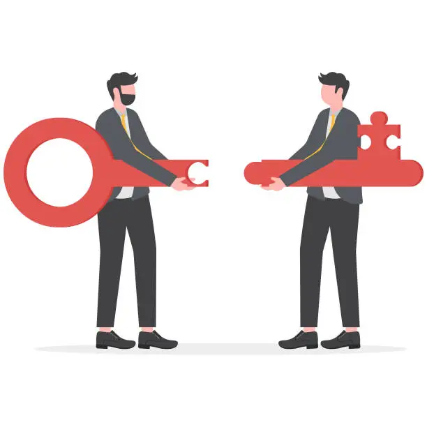 Vector illustration of Connection, Two businessmen jigsaw the keys together. Business metaphor of a joint venture, partnership or teamwork