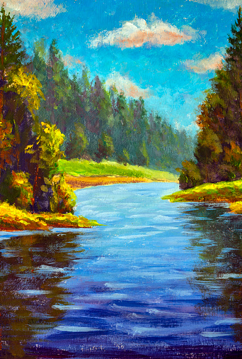 Autumn summer forest landscape with river, oil on canvas