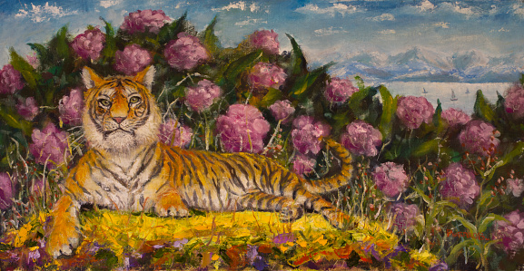 Beautiful majestic tiger in flowers pink peonies roses oil painting oil painting animal tiger landscape panorama landscape