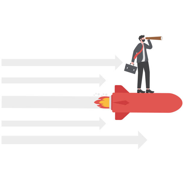 istock Businessman holding binoculars standing on rocket ship flying through cloud and sky. business development and strategy concept 1951761212
