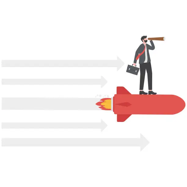 Vector illustration of Businessman holding binoculars standing on rocket ship flying through cloud and sky. business development and strategy concept