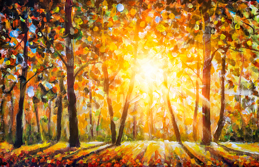 Autumn forest landscape oil painting with sun rays and colorful autumn leaves at tall trees illustration, beauty in nature for posters, background or wallpaper