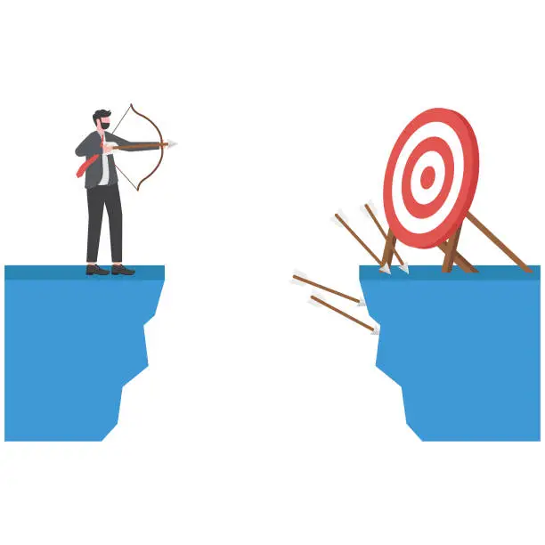 Vector illustration of Crisis effort or achieving goals during a crisis. financial crisis and economic recession, businessman shooting an arrow