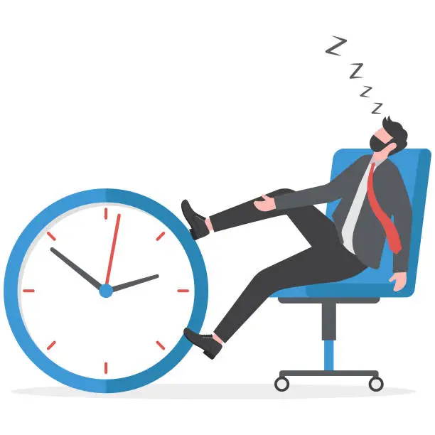 Vector illustration of Afternoon slump, laziness and procrastination postpone work to do later, boredom and sleepy work concept, businessman sleeping lay down on office chair and alarm clock covered his face with book.