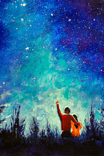 Vertical Painting coupl night love Oil acrylic Watercolor Painting - Young love couple in night landscape. staring at Milky Way galaxy in romantic night