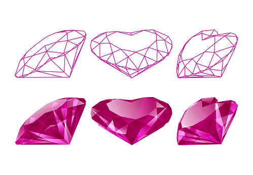 Pink translucent heart shaped gemstone and line drawing