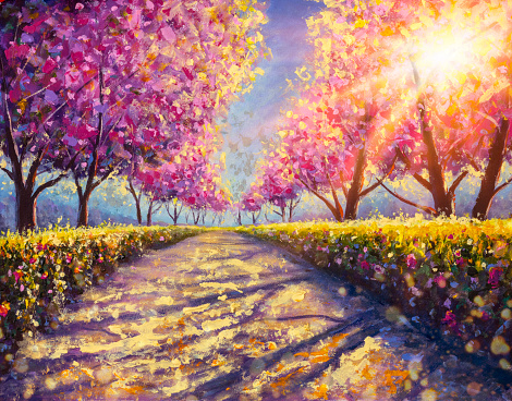 Oil Painting of sunny park with alley of pink blossoming sakura trees. Spring landscape nature artwork.  Romantic walkway Sakura illustration paintings Modern art.