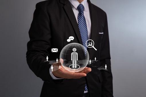 Customer Relationship Management Business Internet Technology Concept. Businessman holding customer service business and enterprise.
