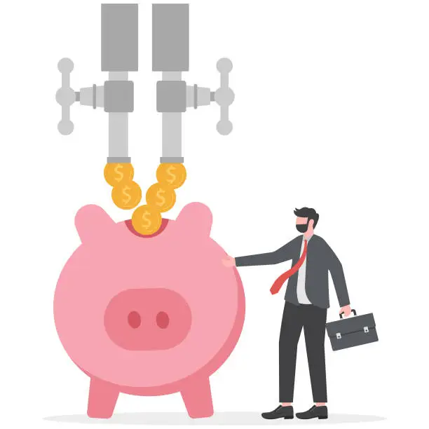 Vector illustration of Multiple streams of income, passive income or revenue from invest in multi assets, side hustles to make money concept, rich businessman standing with multi cash flow from pipe into wealthy piggy bank.