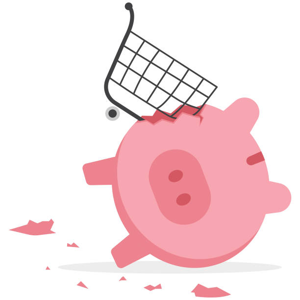 overspending on shopping online causing debt, poverty, losing money or impact savings, over budget or financial failure concept, shopping cart trolley crash and broke sad saving or budget piggy bank. - piggy bank cheap poverty recession stock illustrations