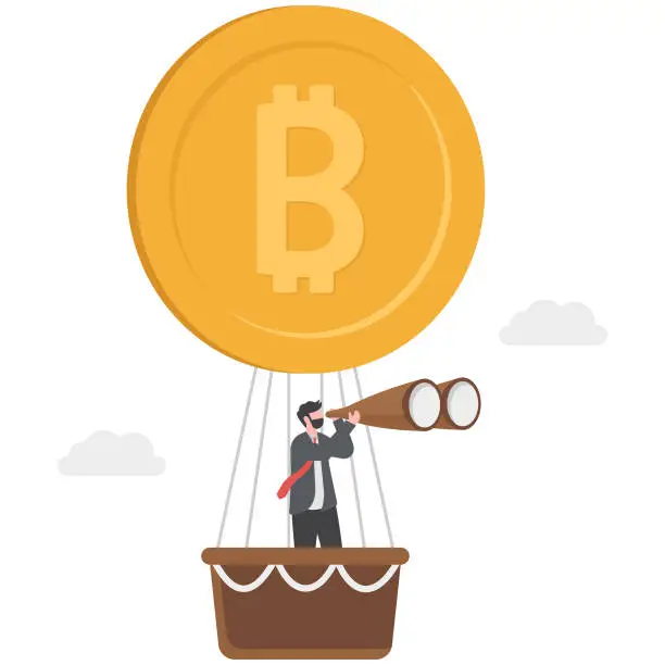Vector illustration of Successful businessman sees with a telescope and flies a hot air balloon with bitcoin. Balloon, Banking, Bitcoin