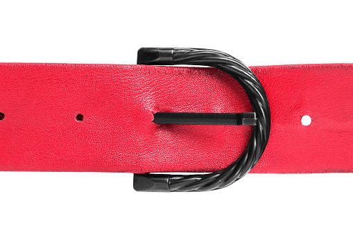 Red leather belt clasp closeup isolated over white